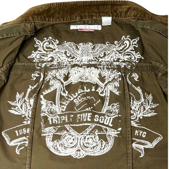 Triple Five Soul Women’s Camo Jacket L Y2K Graphic Velour Trim Utility‎ Style - Picture 1 of 15